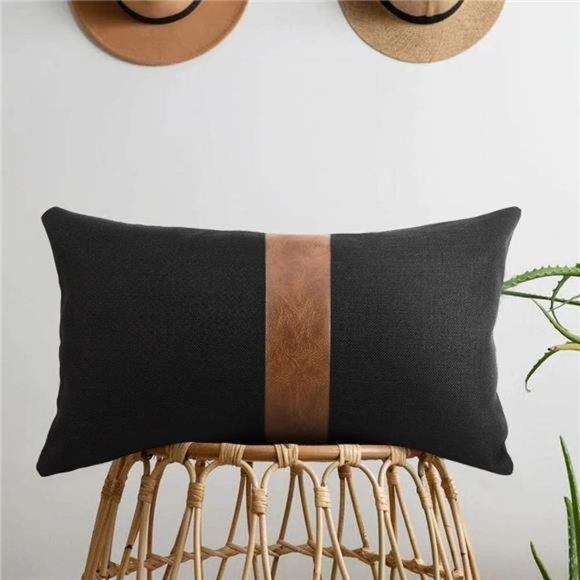 Set of 2 Black Linen Patchwork Faux Leather Throw Lumbar Pillow Covers for Couch - Picture 3 of 6